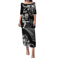 New Zealand Maori Warrior Rugby Family Matching Puletasi and Hawaiian Shirt Silver Fern LT03 Mom's Dress Black - Polynesian Pride
