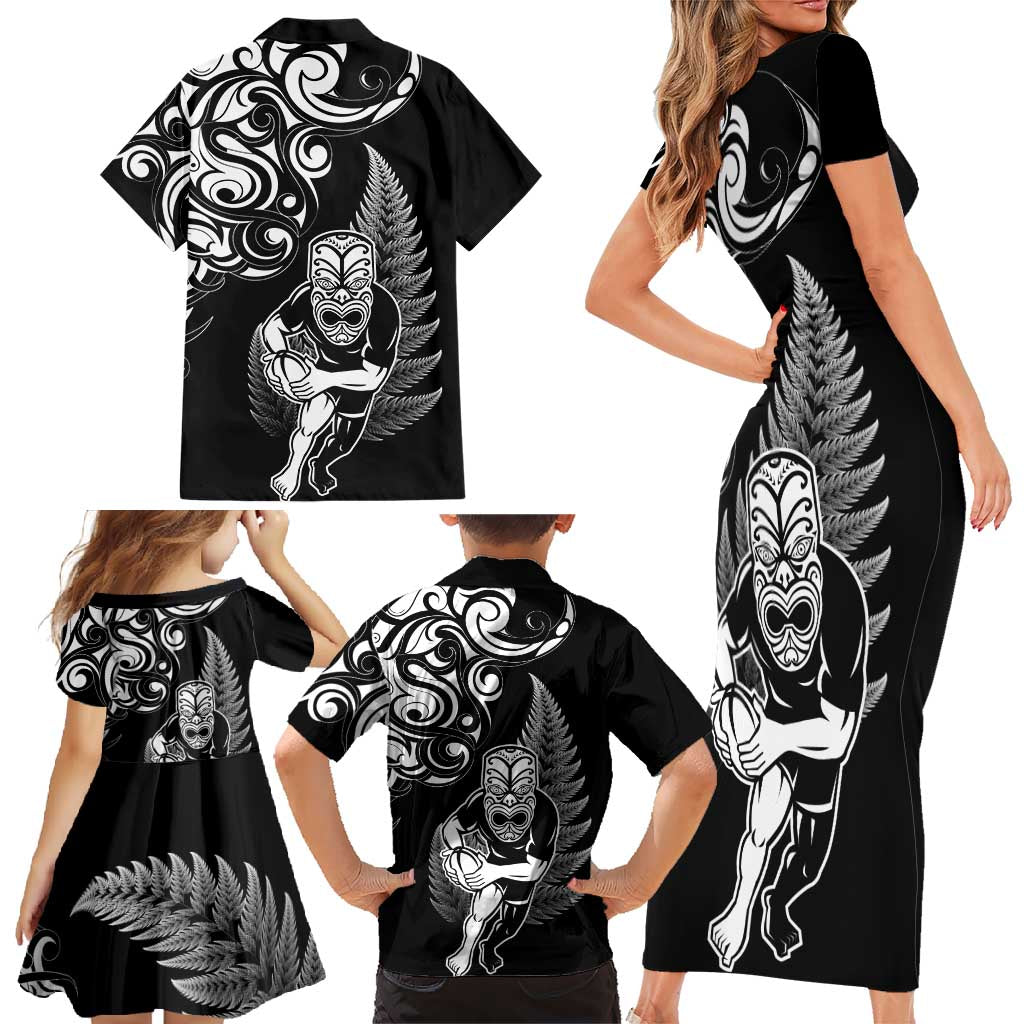 New Zealand Maori Warrior Rugby Family Matching Short Sleeve Bodycon Dress and Hawaiian Shirt Silver Fern LT03 - Polynesian Pride