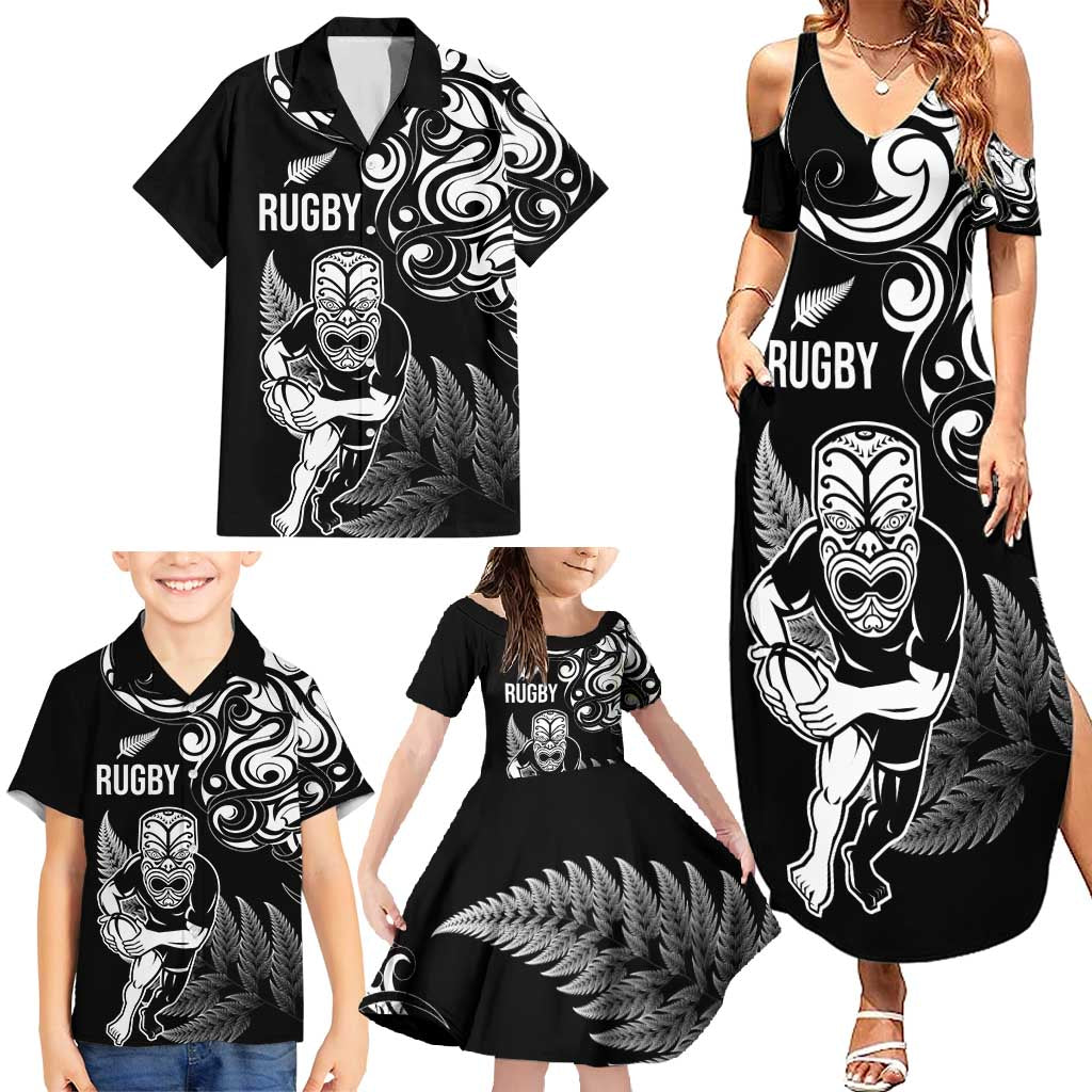 New Zealand Maori Warrior Rugby Family Matching Summer Maxi Dress and Hawaiian Shirt Silver Fern LT03 - Polynesian Pride