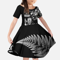 New Zealand Maori Warrior Rugby Family Matching Tank Maxi Dress and Hawaiian Shirt Silver Fern LT03 Daughter's Dress Black - Polynesian Pride