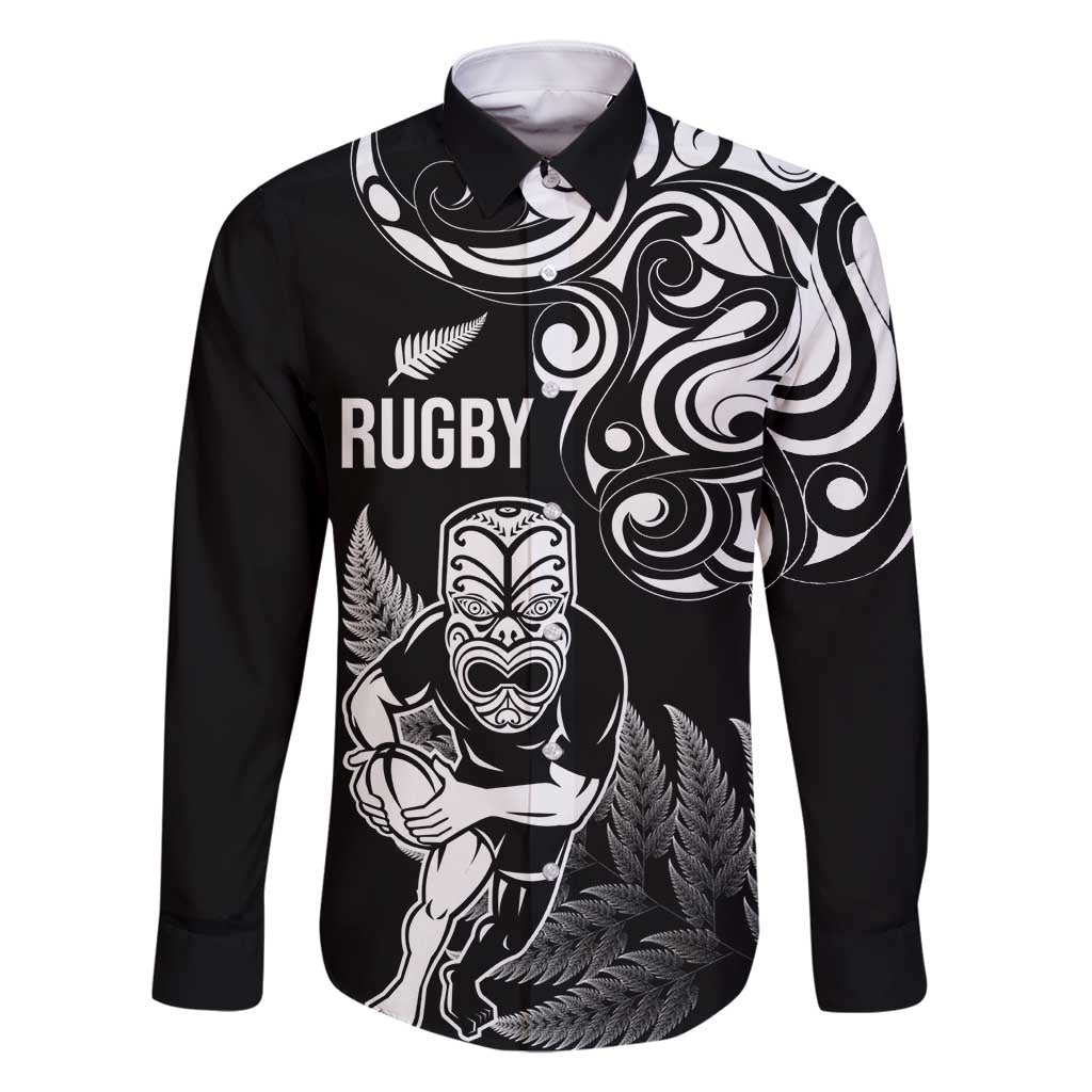 New Zealand Maori Warrior Rugby Family Matching Tank Maxi Dress and Hawaiian Shirt Silver Fern LT03 Dad's Shirt - Long Sleeve Black - Polynesian Pride