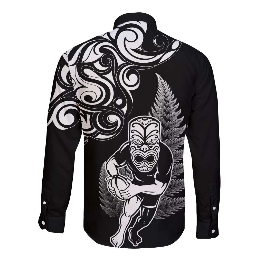 New Zealand Maori Warrior Rugby Long Sleeve Button Shirt Silver Fern LT03 - Polynesian Pride