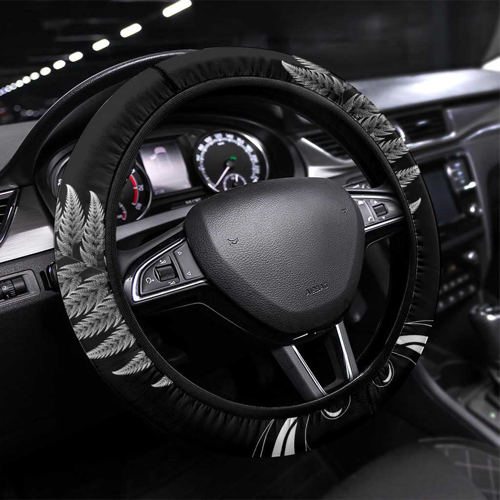 New Zealand Maori Warrior Rugby Steering Wheel Cover Silver Fern LT03 Universal Fit Black - Polynesian Pride