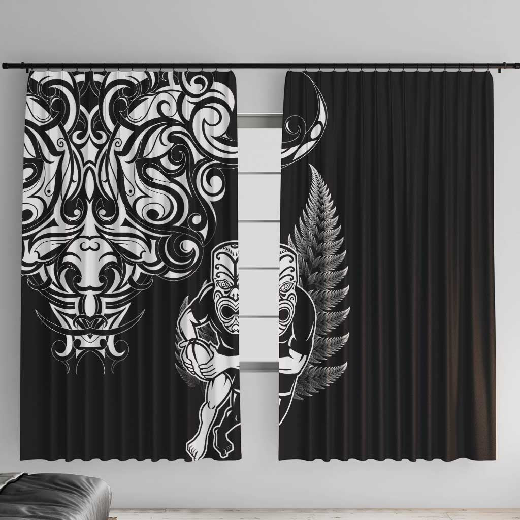 New Zealand Maori Warrior Rugby Window Curtain Silver Fern LT03 With Hooks Black - Polynesian Pride