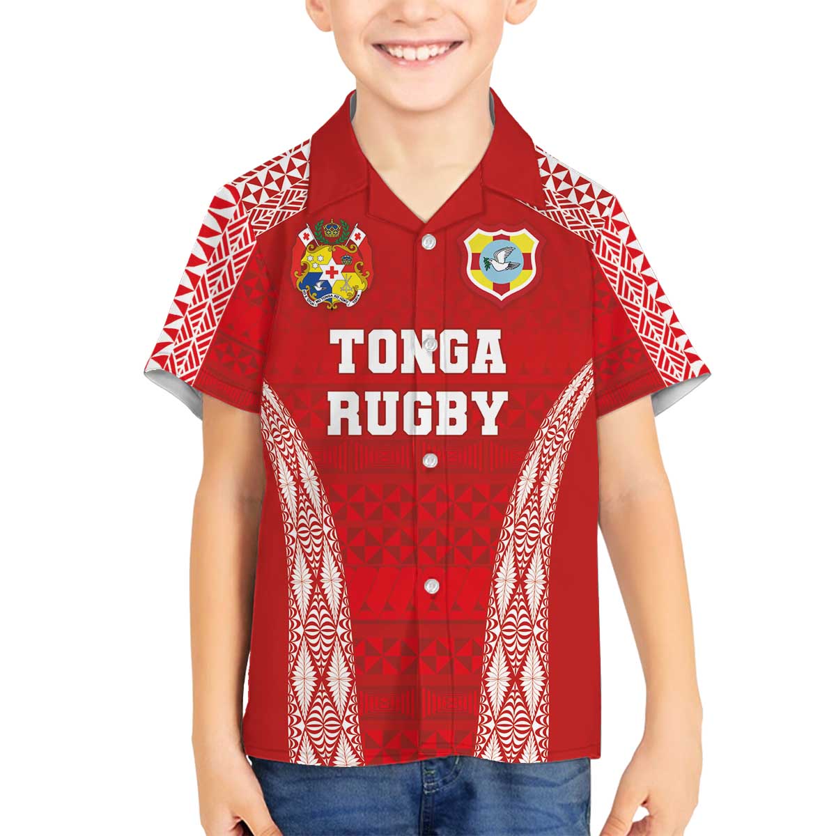 Custom Tonga Pacific Rugby 2024 Family Matching Off Shoulder Short Dress and Hawaiian Shirt Ngatu Tribal Pattern
