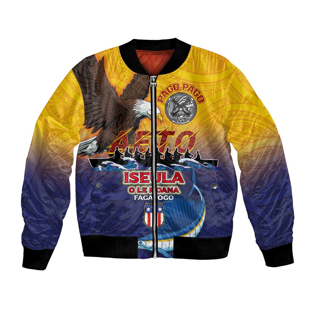 American Samoa Fautasi Bomber Jacket Bald Eage and Sailfish with Kakau Motifs - Polynesian Pride
