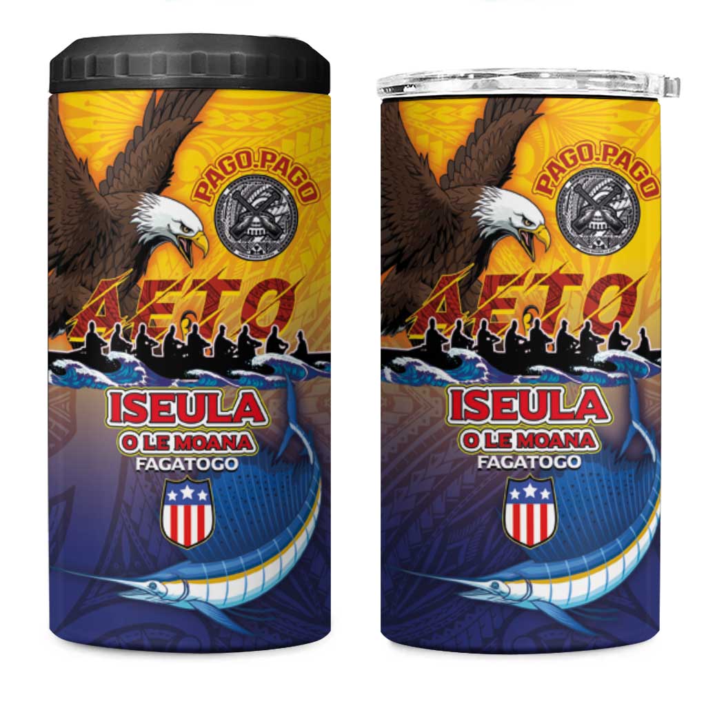 American Samoa Fautasi 4 in 1 Can Cooler Tumbler Bald Eage and Sailfish with Kakau Motifs - Polynesian Pride