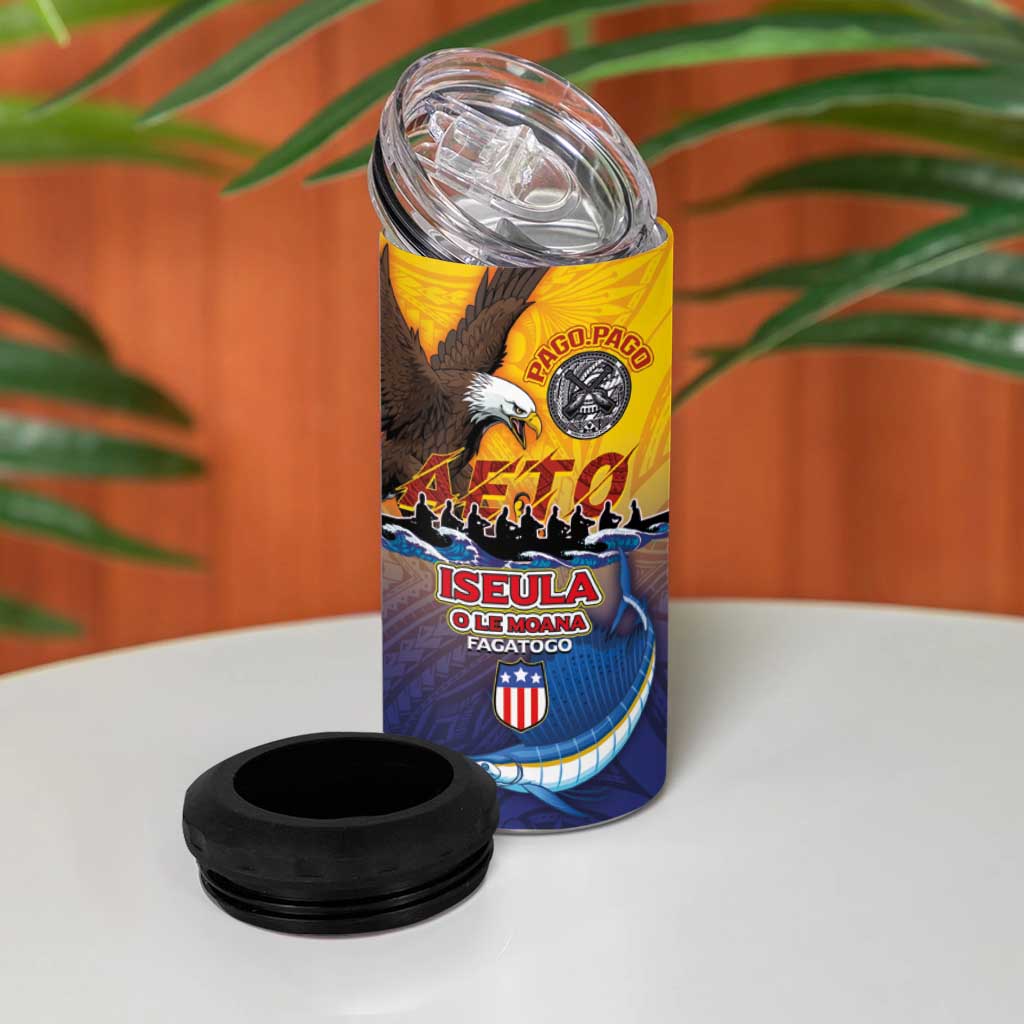 American Samoa Fautasi 4 in 1 Can Cooler Tumbler Bald Eage and Sailfish with Kakau Motifs - Polynesian Pride