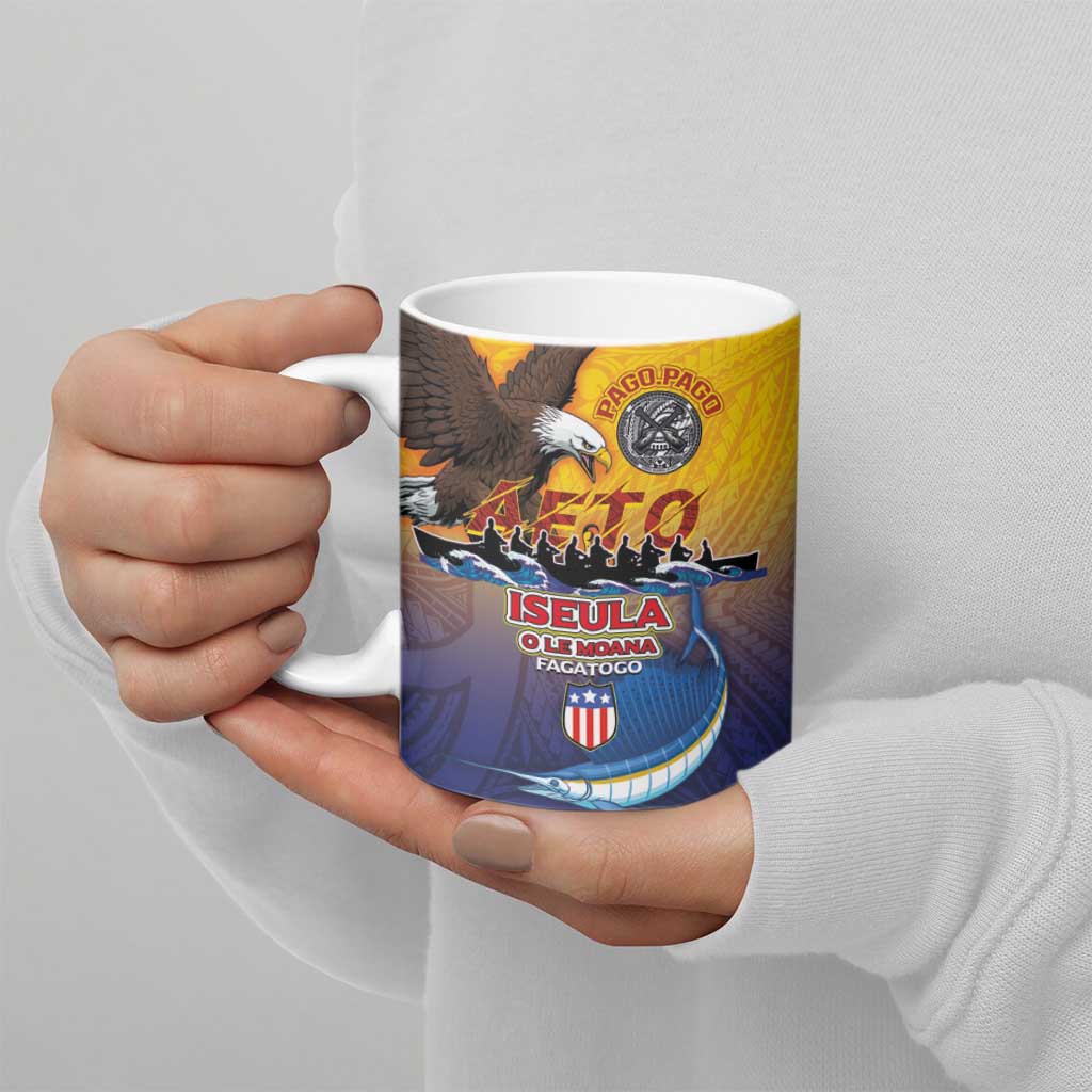 American Samoa Fautasi Ceramic Mug Bald Eage and Sailfish with Kakau Motifs - Polynesian Pride