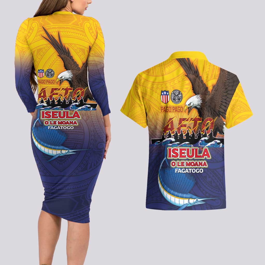 American Samoa Fautasi Couples Matching Long Sleeve Bodycon Dress and Hawaiian Shirt Bald Eage and Sailfish with Kakau Motifs LT03 - Polynesian Pride
