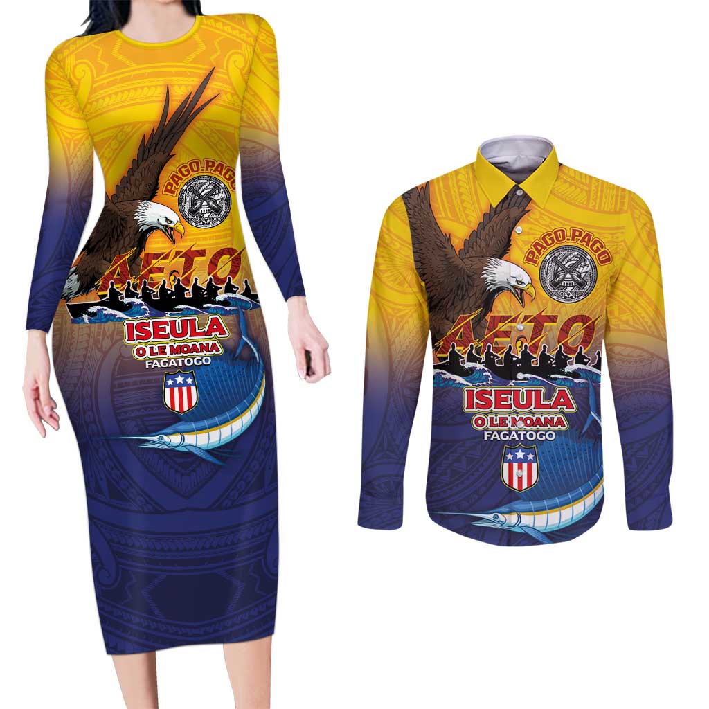 American Samoa Fautasi Couples Matching Long Sleeve Bodycon Dress and Long Sleeve Button Shirt Bald Eage and Sailfish with Kakau Motifs LT03 Yellow - Polynesian Pride