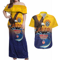 American Samoa Fautasi Couples Matching Off Shoulder Maxi Dress and Hawaiian Shirt Bald Eage and Sailfish with Kakau Motifs LT03 Yellow - Polynesian Pride