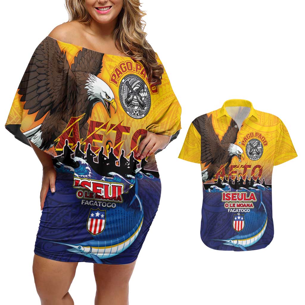 American Samoa Fautasi Couples Matching Off Shoulder Short Dress and Hawaiian Shirt Bald Eage and Sailfish with Kakau Motifs LT03 Yellow - Polynesian Pride