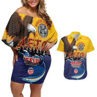 American Samoa Fautasi Couples Matching Off Shoulder Short Dress and Hawaiian Shirt Bald Eage and Sailfish with Kakau Motifs LT03 Yellow - Polynesian Pride