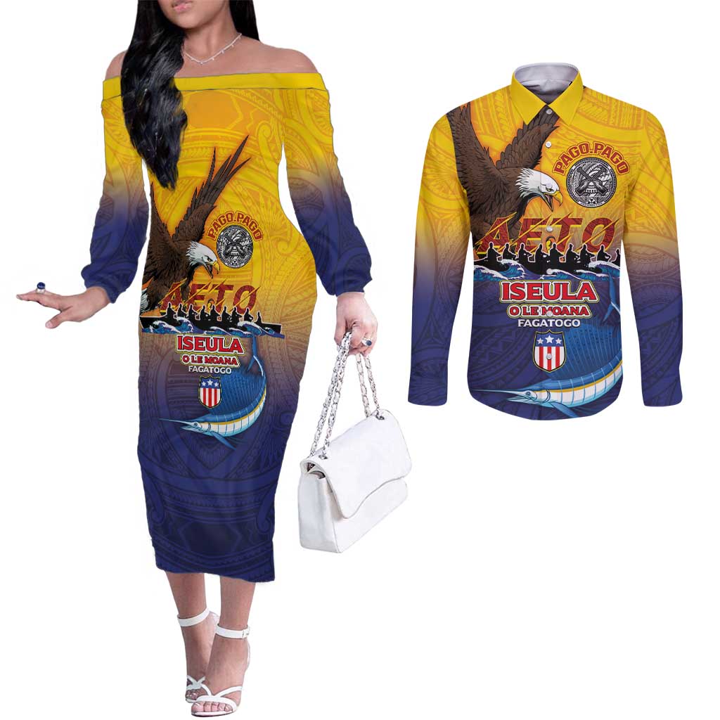 American Samoa Fautasi Couples Matching Off The Shoulder Long Sleeve Dress and Long Sleeve Button Shirt Bald Eage and Sailfish with Kakau Motifs LT03 Yellow - Polynesian Pride