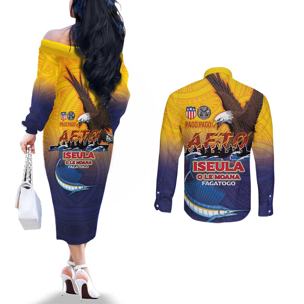 American Samoa Fautasi Couples Matching Off The Shoulder Long Sleeve Dress and Long Sleeve Button Shirt Bald Eage and Sailfish with Kakau Motifs LT03 - Polynesian Pride