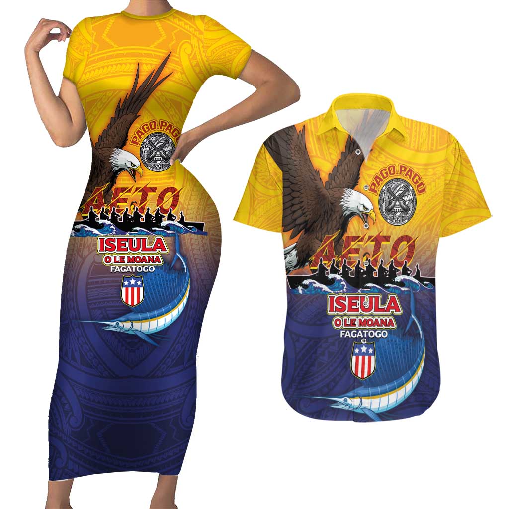American Samoa Fautasi Couples Matching Short Sleeve Bodycon Dress and Hawaiian Shirt Bald Eage and Sailfish with Kakau Motifs LT03 Yellow - Polynesian Pride