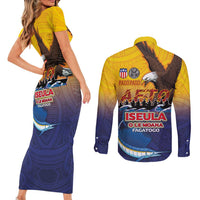 American Samoa Fautasi Couples Matching Short Sleeve Bodycon Dress and Long Sleeve Button Shirt Bald Eage and Sailfish with Kakau Motifs LT03 - Polynesian Pride