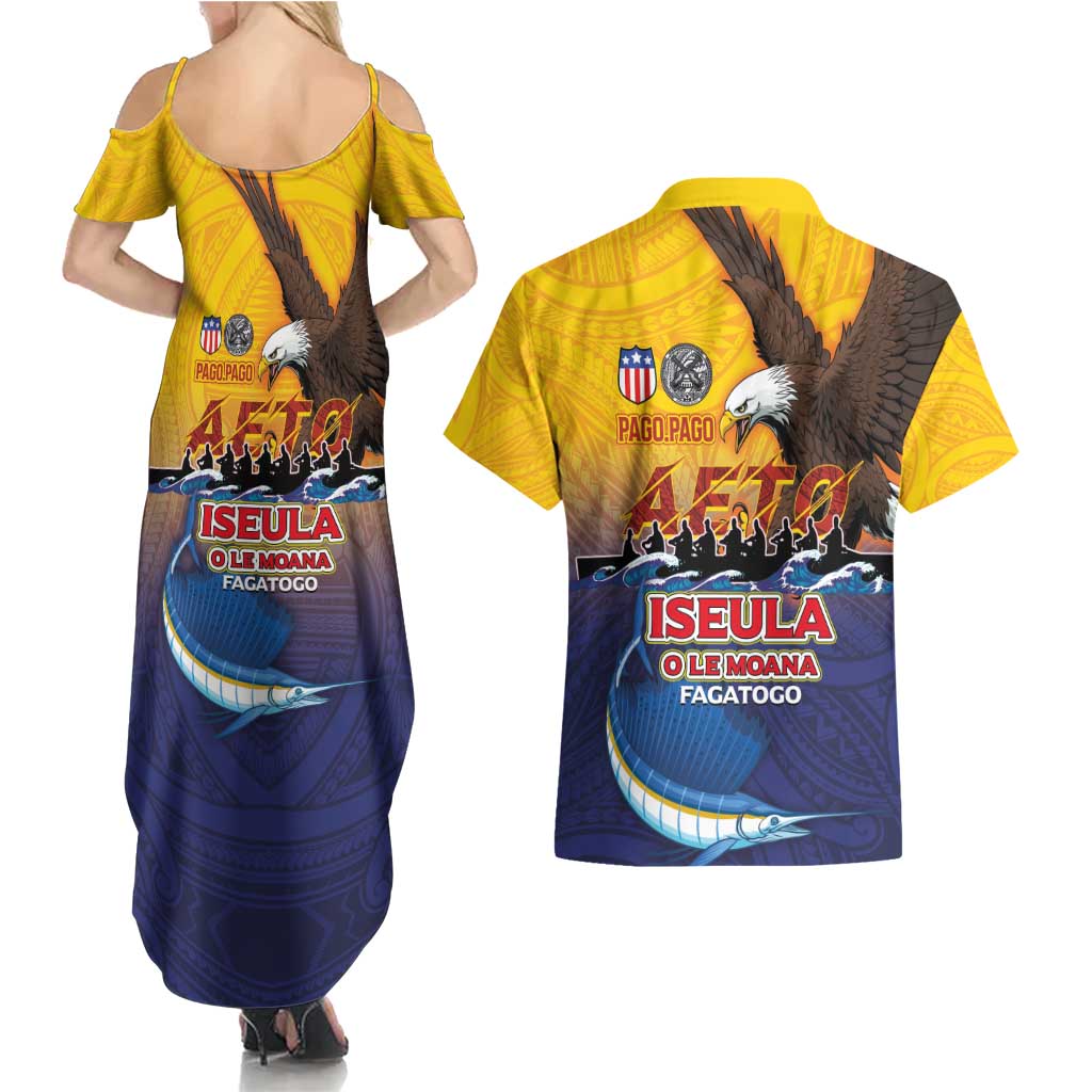American Samoa Fautasi Couples Matching Summer Maxi Dress and Hawaiian Shirt Bald Eage and Sailfish with Kakau Motifs LT03 - Polynesian Pride