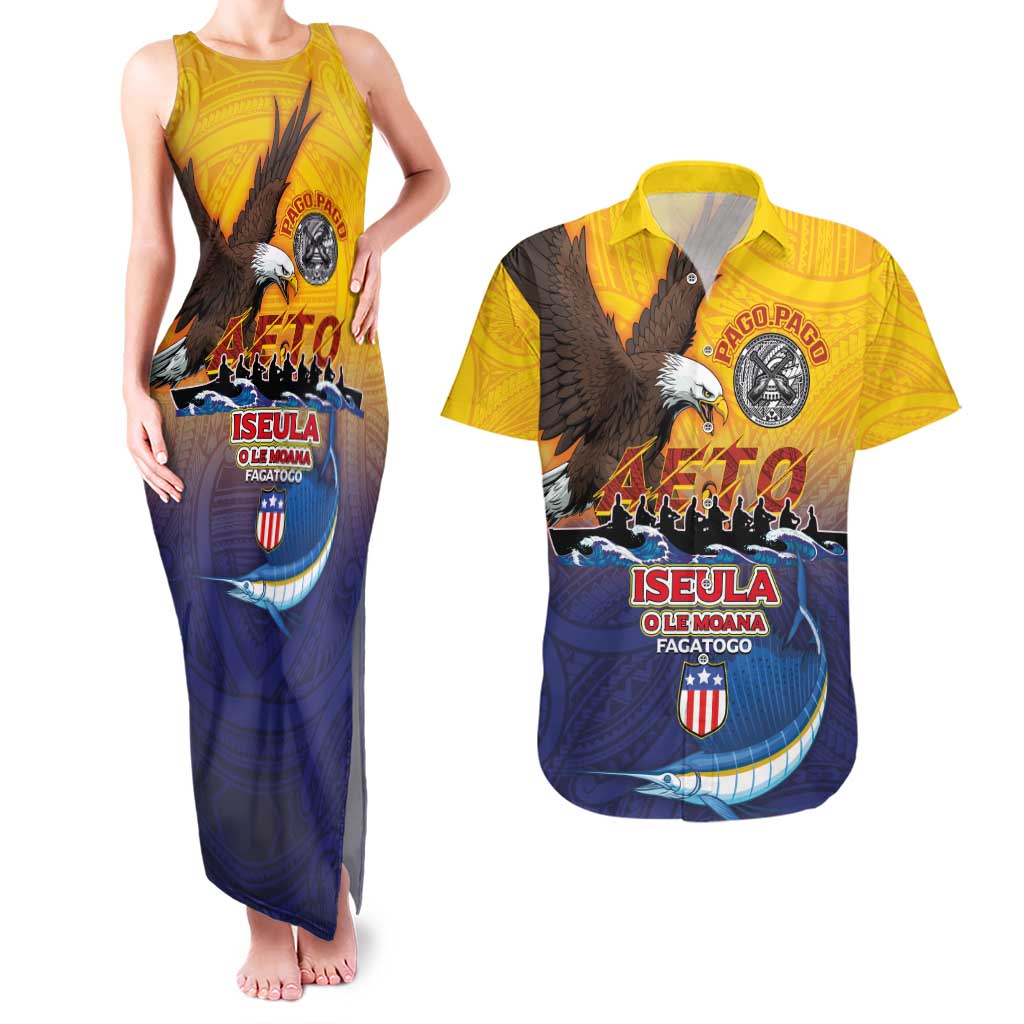 American Samoa Fautasi Couples Matching Tank Maxi Dress and Hawaiian Shirt Bald Eage and Sailfish with Kakau Motifs LT03 Yellow - Polynesian Pride