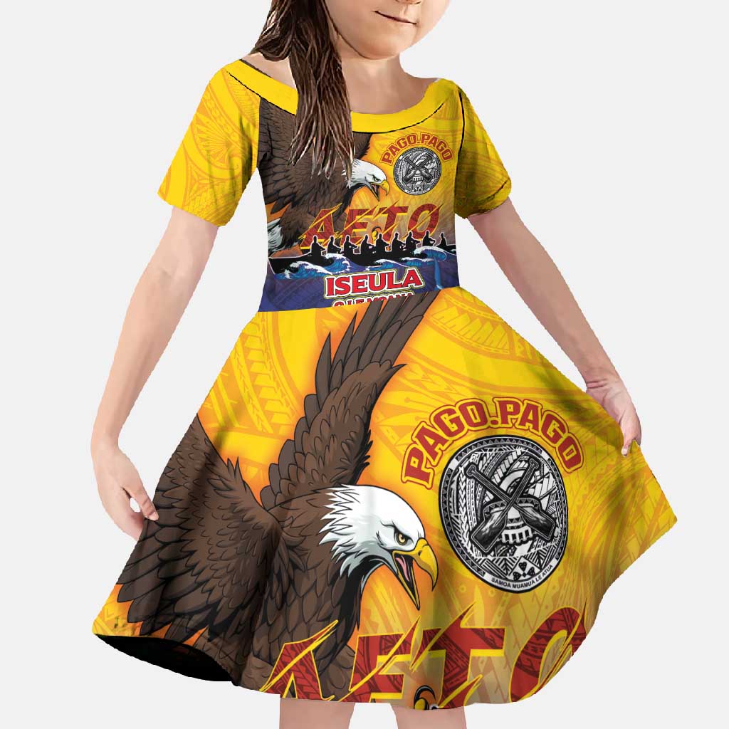 American Samoa Fautasi Family Matching Long Sleeve Bodycon Dress and Hawaiian Shirt Bald Eage and Sailfish with Kakau Motifs LT03 Daughter's Dress Yellow - Polynesian Pride