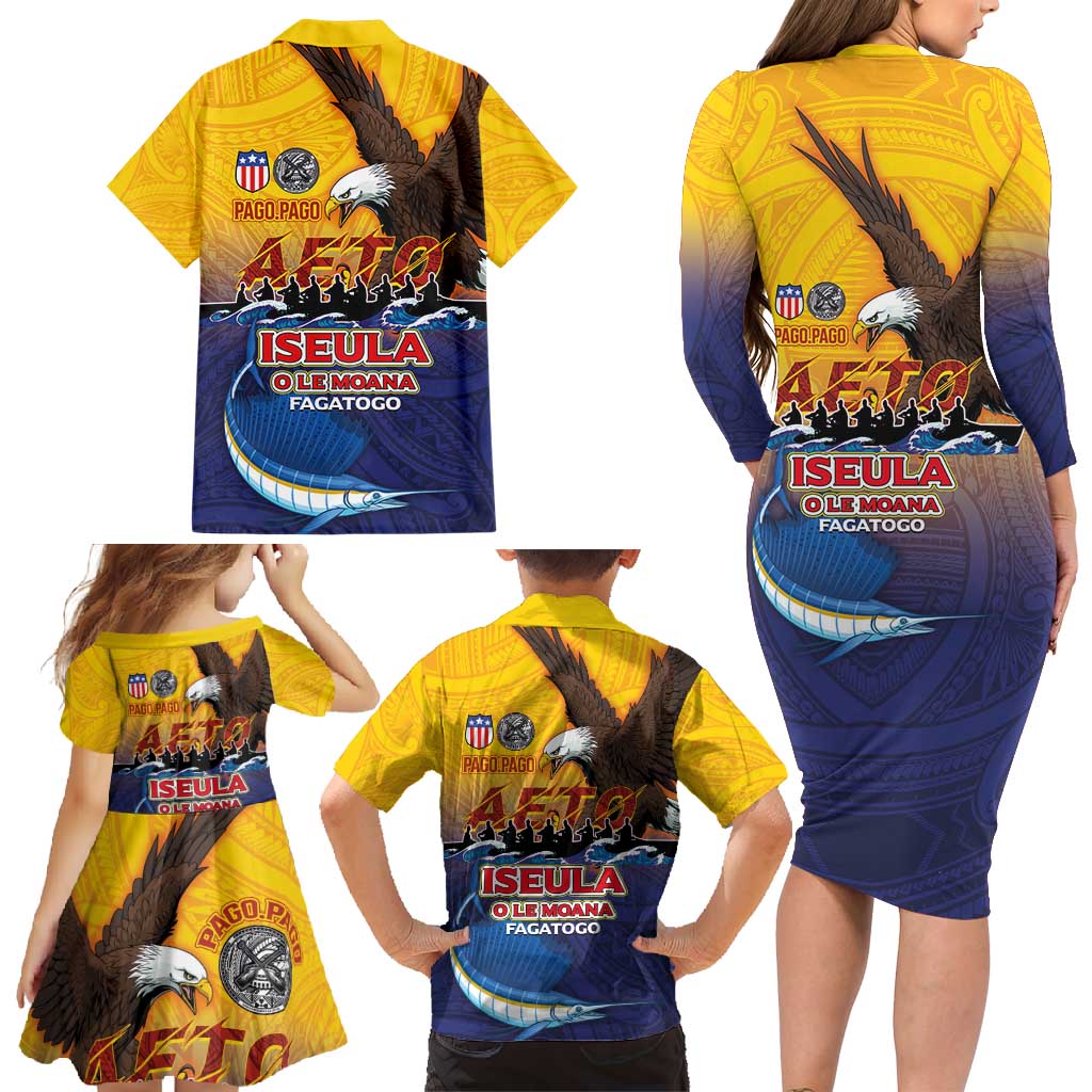 American Samoa Fautasi Family Matching Long Sleeve Bodycon Dress and Hawaiian Shirt Bald Eage and Sailfish with Kakau Motifs LT03 - Polynesian Pride