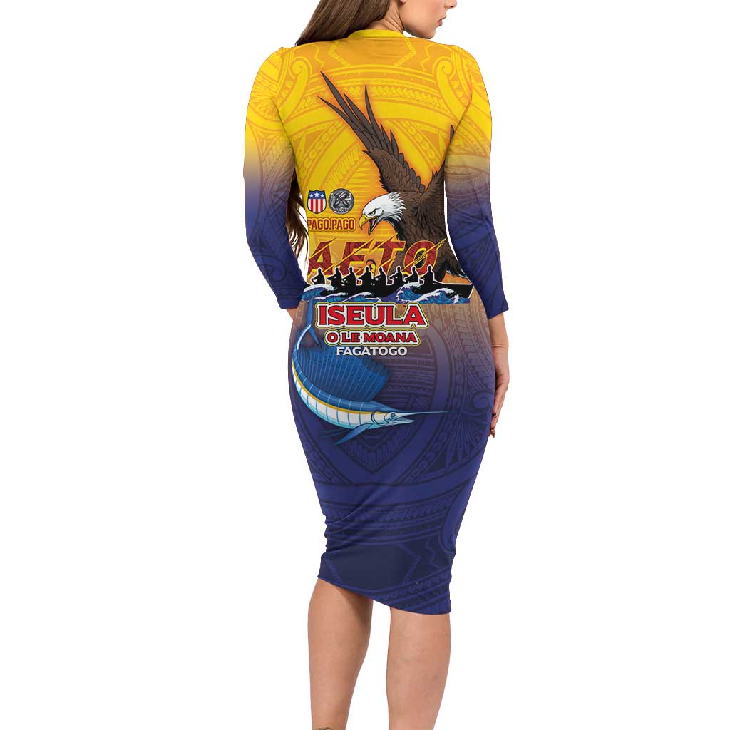 American Samoa Fautasi Family Matching Long Sleeve Bodycon Dress and Hawaiian Shirt Bald Eage and Sailfish with Kakau Motifs LT03 - Polynesian Pride