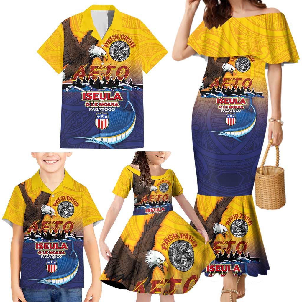 American Samoa Fautasi Family Matching Mermaid Dress and Hawaiian Shirt Bald Eage and Sailfish with Kakau Motifs LT03 - Polynesian Pride