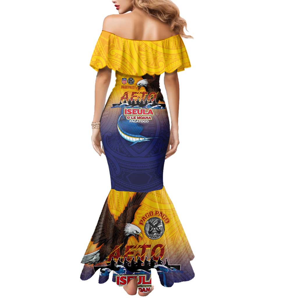 American Samoa Fautasi Family Matching Mermaid Dress and Hawaiian Shirt Bald Eage and Sailfish with Kakau Motifs LT03 - Polynesian Pride