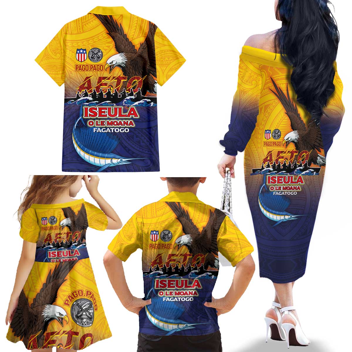 American Samoa Fautasi Family Matching Off The Shoulder Long Sleeve Dress and Hawaiian Shirt Bald Eage and Sailfish with Kakau Motifs LT03 - Polynesian Pride
