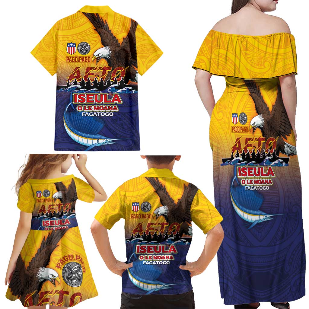 American Samoa Fautasi Family Matching Off Shoulder Maxi Dress and Hawaiian Shirt Bald Eage and Sailfish with Kakau Motifs LT03 - Polynesian Pride
