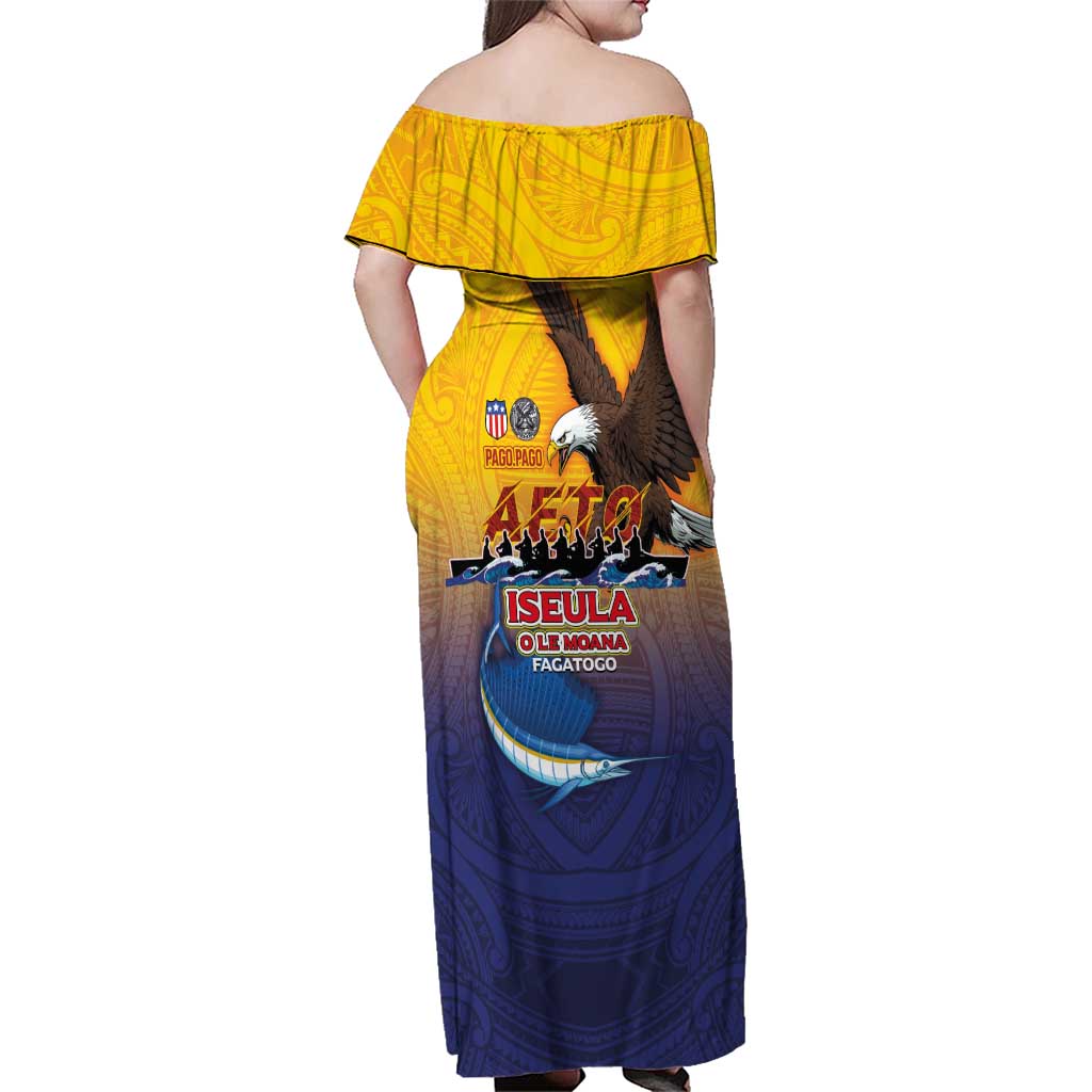American Samoa Fautasi Family Matching Off Shoulder Maxi Dress and Hawaiian Shirt Bald Eage and Sailfish with Kakau Motifs LT03 - Polynesian Pride