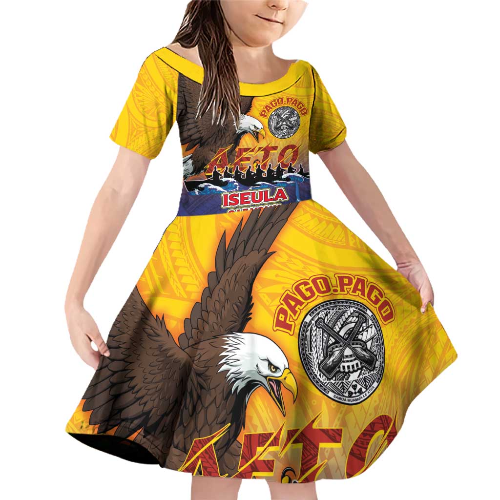 American Samoa Fautasi Family Matching Off Shoulder Short Dress and Hawaiian Shirt Bald Eage and Sailfish with Kakau Motifs LT03 Daughter's Dress Yellow - Polynesian Pride