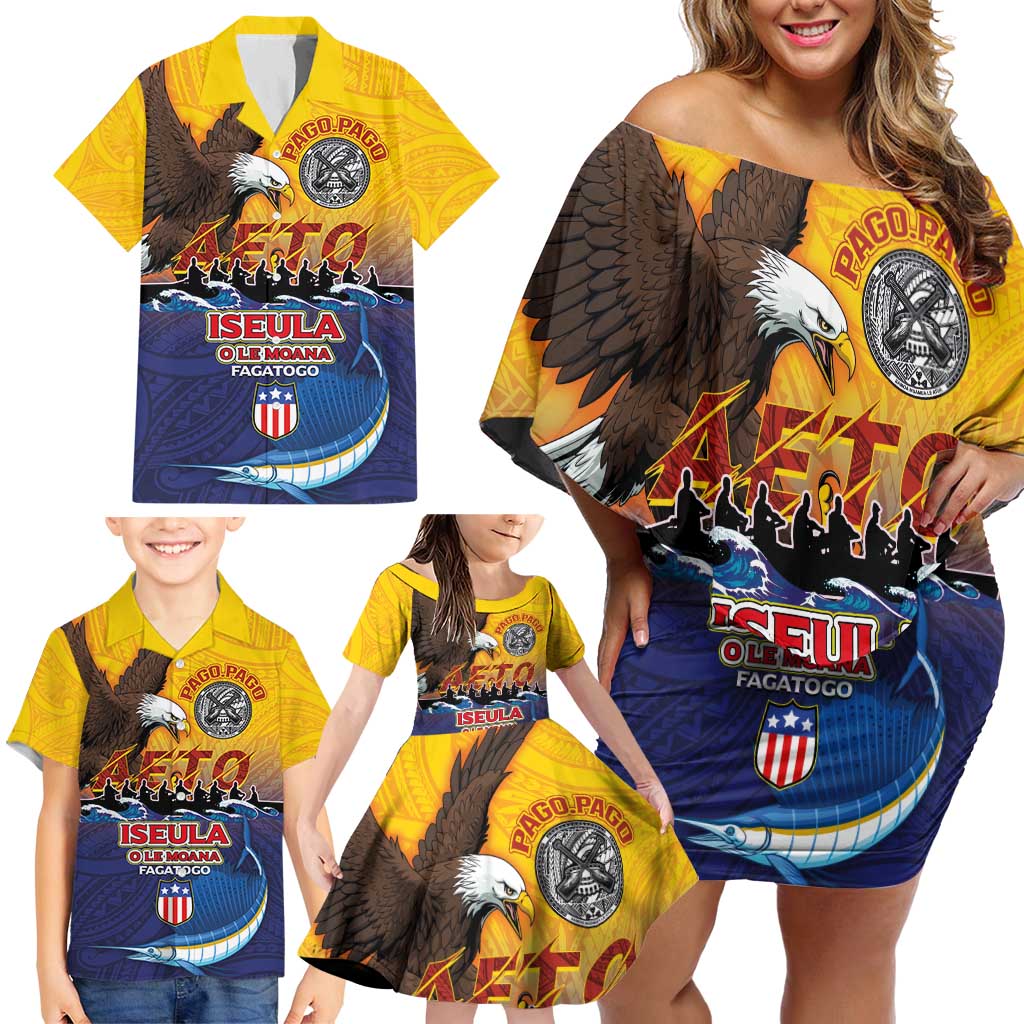 American Samoa Fautasi Family Matching Off Shoulder Short Dress and Hawaiian Shirt Bald Eage and Sailfish with Kakau Motifs LT03 - Polynesian Pride