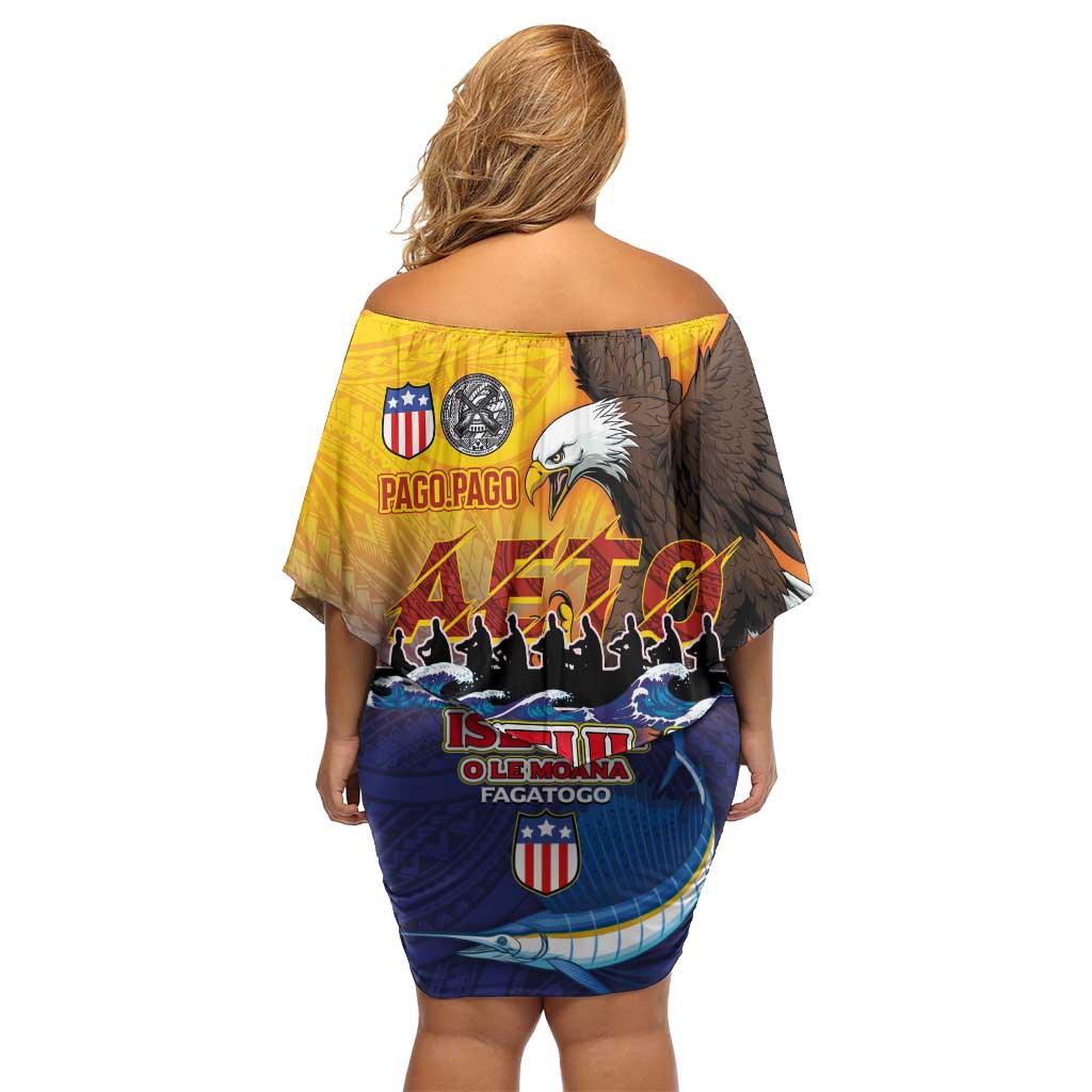 American Samoa Fautasi Family Matching Off Shoulder Short Dress and Hawaiian Shirt Bald Eage and Sailfish with Kakau Motifs LT03 - Polynesian Pride