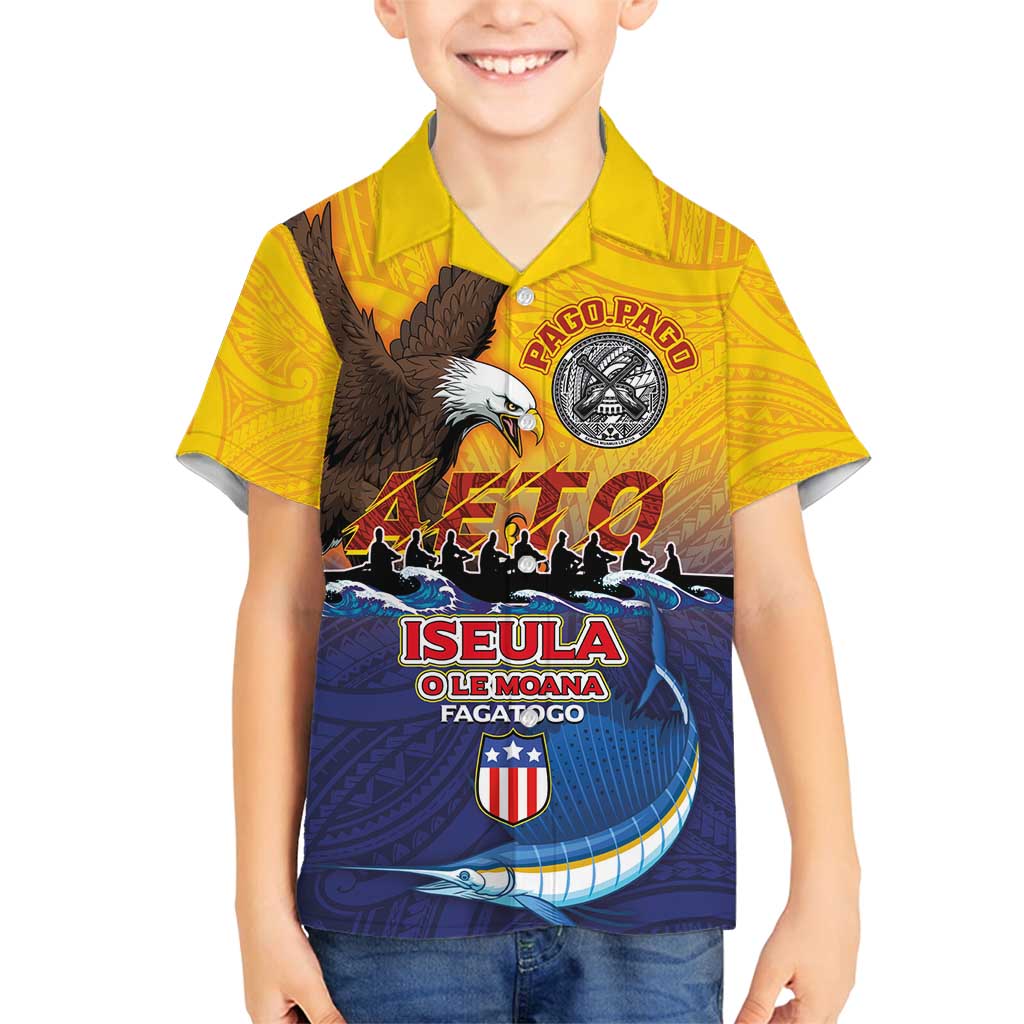American Samoa Fautasi Family Matching Off Shoulder Short Dress and Hawaiian Shirt Bald Eage and Sailfish with Kakau Motifs LT03 Son's Shirt Yellow - Polynesian Pride