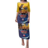 American Samoa Fautasi Family Matching Puletasi and Hawaiian Shirt Bald Eage and Sailfish with Kakau Motifs LT03 Mom's Dress Yellow - Polynesian Pride