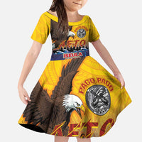American Samoa Fautasi Family Matching Short Sleeve Bodycon Dress and Hawaiian Shirt Bald Eage and Sailfish with Kakau Motifs LT03 Daughter's Dress Yellow - Polynesian Pride