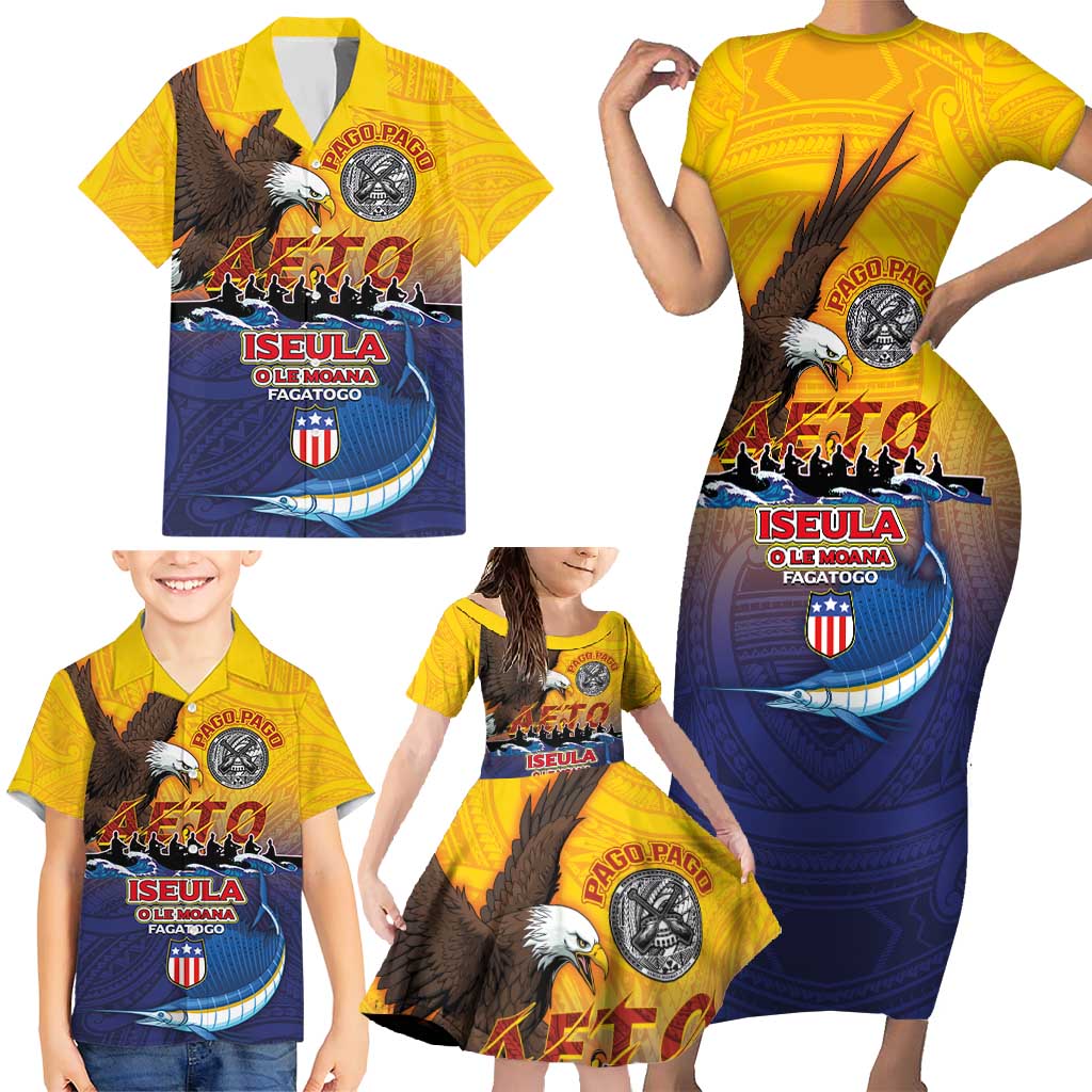 American Samoa Fautasi Family Matching Short Sleeve Bodycon Dress and Hawaiian Shirt Bald Eage and Sailfish with Kakau Motifs LT03 - Polynesian Pride