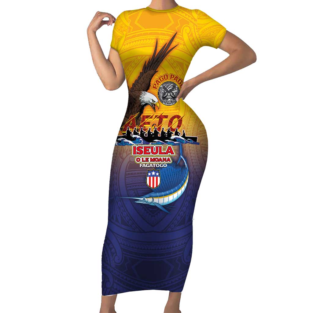 American Samoa Fautasi Family Matching Short Sleeve Bodycon Dress and Hawaiian Shirt Bald Eage and Sailfish with Kakau Motifs LT03 Mom's Dress Yellow - Polynesian Pride