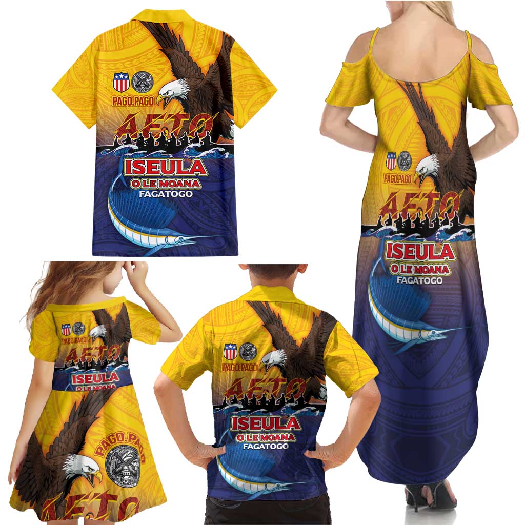 American Samoa Fautasi Family Matching Summer Maxi Dress and Hawaiian Shirt Bald Eage and Sailfish with Kakau Motifs LT03 - Polynesian Pride
