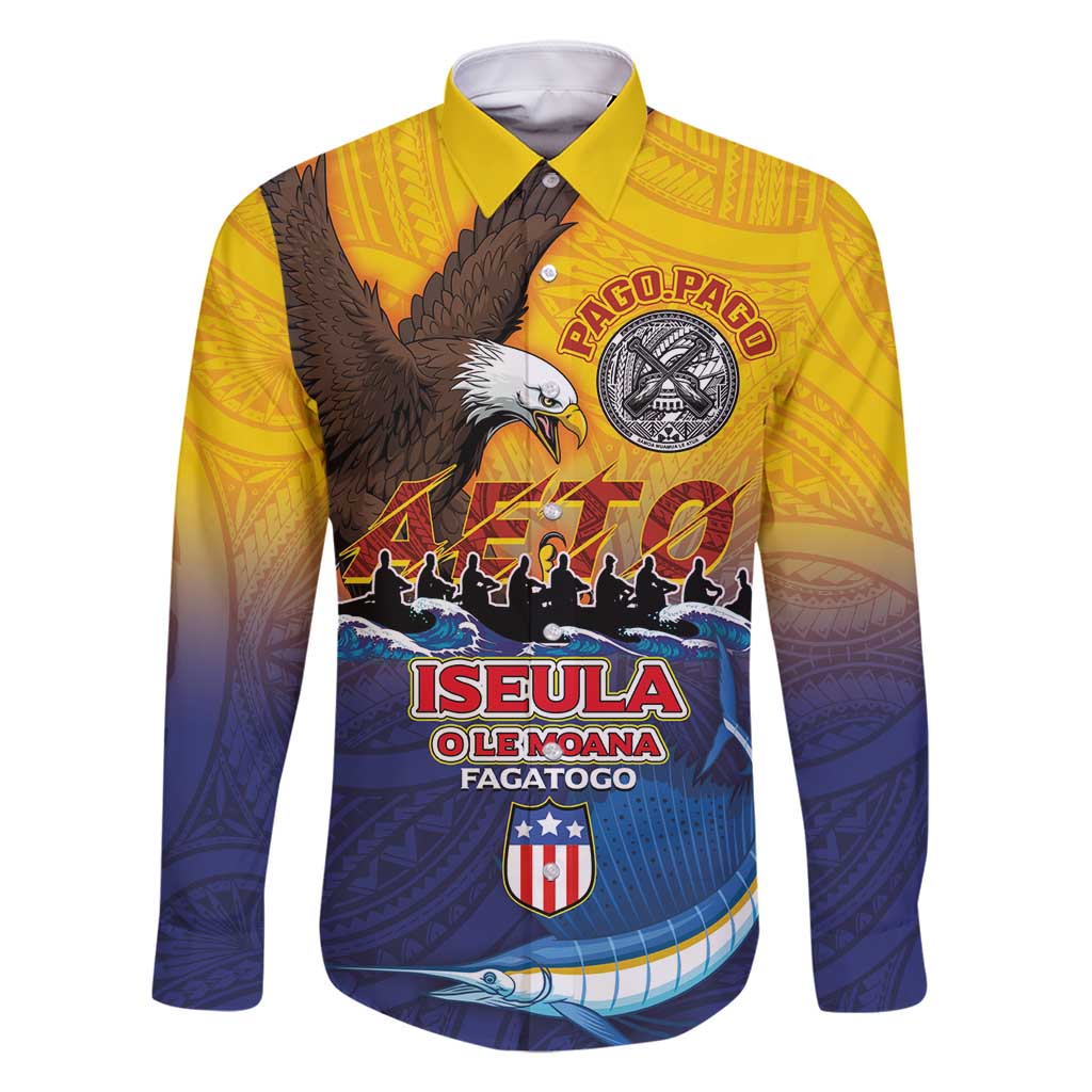 American Samoa Fautasi Family Matching Summer Maxi Dress and Hawaiian Shirt Bald Eage and Sailfish with Kakau Motifs LT03 Dad's Shirt - Long Sleeve Yellow - Polynesian Pride
