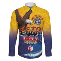 American Samoa Fautasi Family Matching Summer Maxi Dress and Hawaiian Shirt Bald Eage and Sailfish with Kakau Motifs LT03 Dad's Shirt - Long Sleeve Yellow - Polynesian Pride