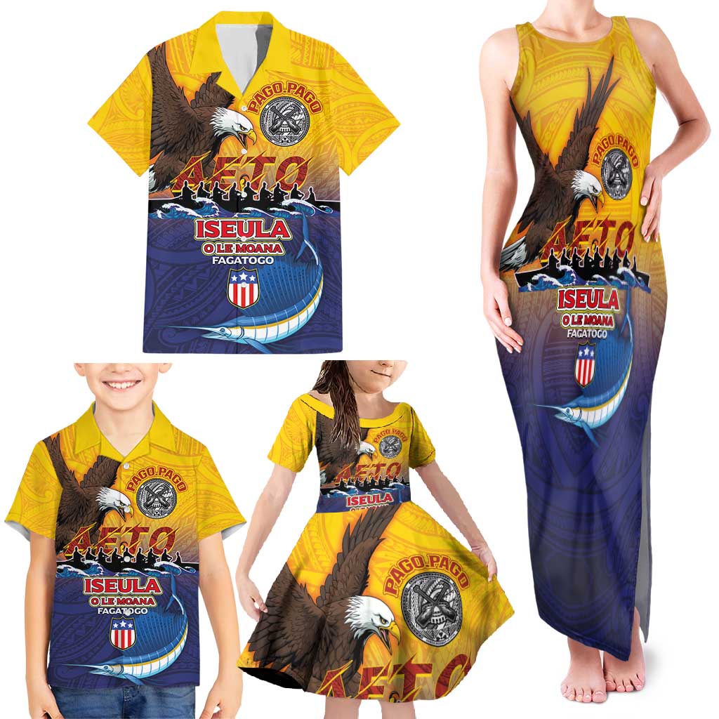 American Samoa Fautasi Family Matching Tank Maxi Dress and Hawaiian Shirt Bald Eage and Sailfish with Kakau Motifs LT03 - Polynesian Pride