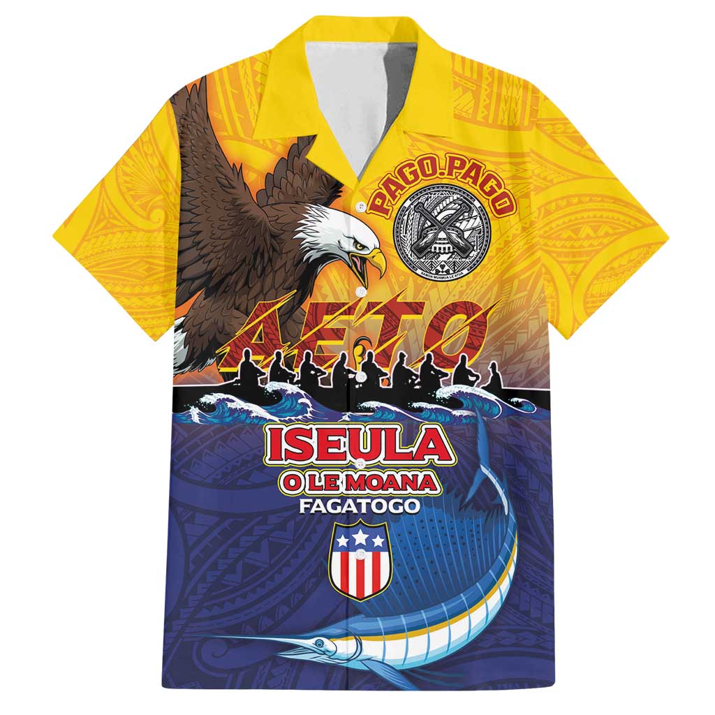 American Samoa Fautasi Family Matching Tank Maxi Dress and Hawaiian Shirt Bald Eage and Sailfish with Kakau Motifs LT03 Dad's Shirt - Short Sleeve Yellow - Polynesian Pride
