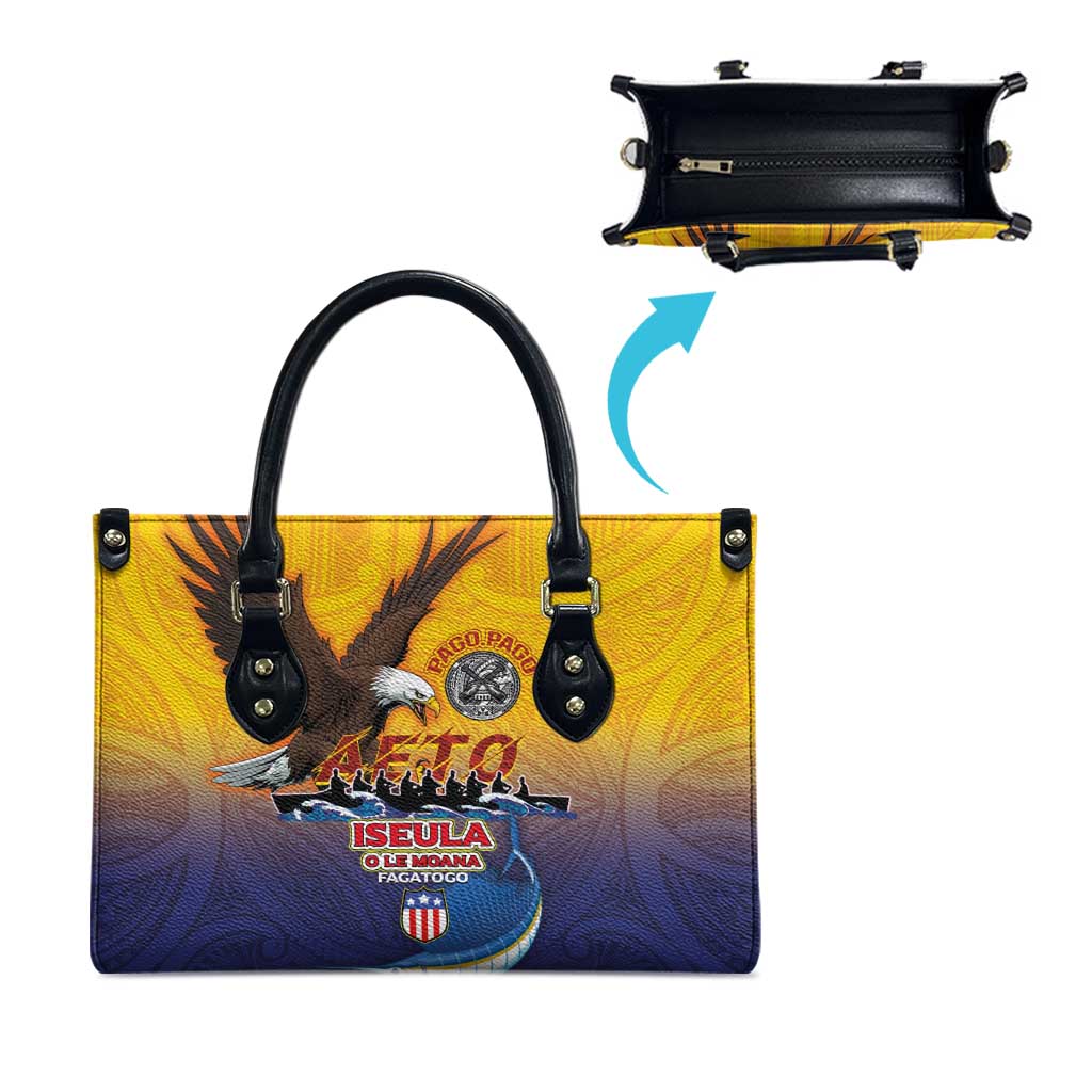 American Samoa Fautasi Leather Bag Bald Eage and Sailfish with Kakau Motifs - Polynesian Pride