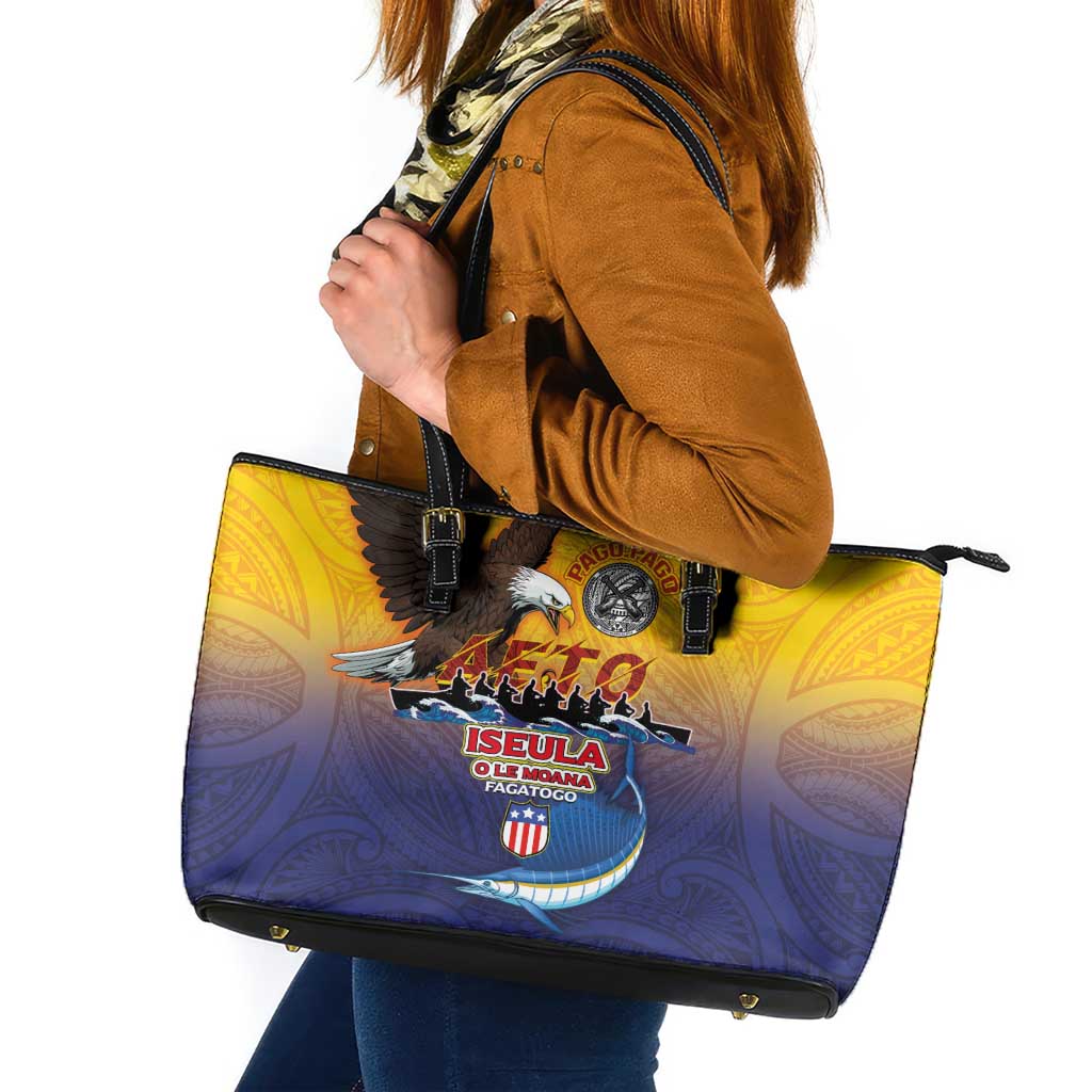 American Samoa Fautasi Leather Tote Bag Bald Eage and Sailfish with Kakau Motifs - Polynesian Pride