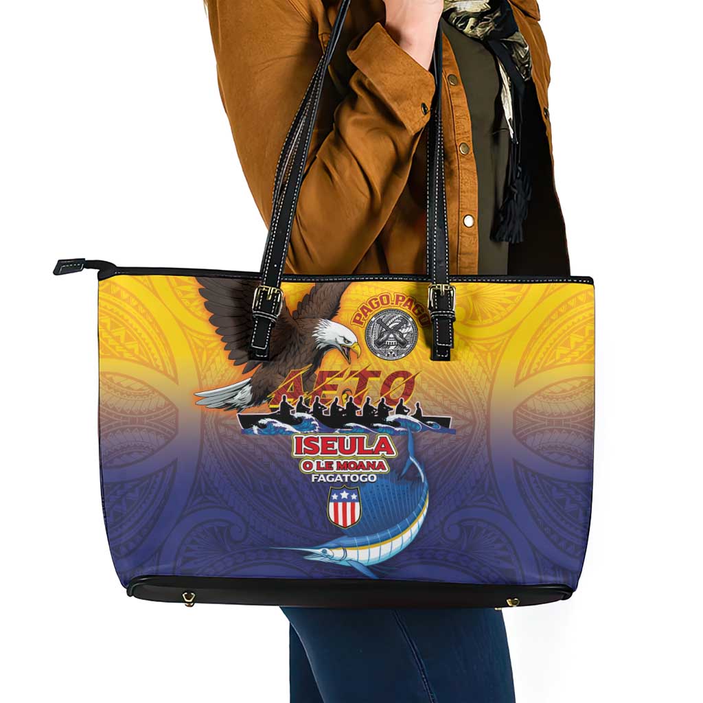 American Samoa Fautasi Leather Tote Bag Bald Eage and Sailfish with Kakau Motifs - Polynesian Pride