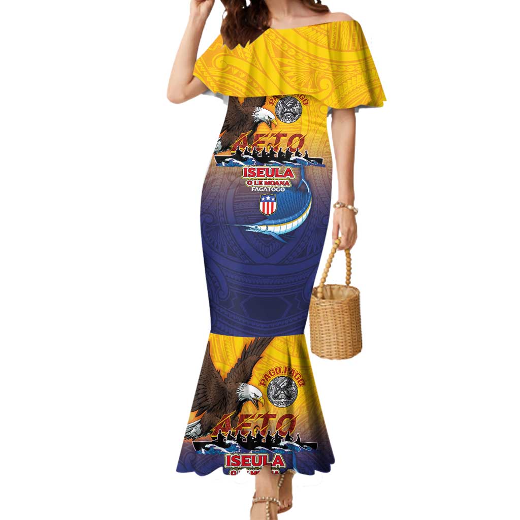 American Samoa Fautasi Mermaid Dress Bald Eage and Sailfish with Kakau Motifs - Polynesian Pride