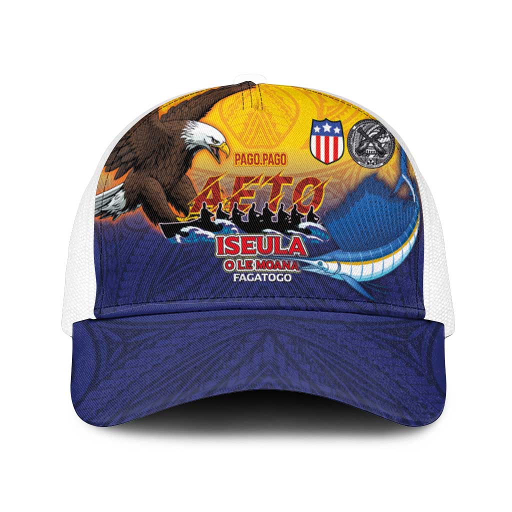 American Samoa Fautasi Mesh Trucker Cap Bald Eage and Sailfish with Kakau Motifs - Polynesian Pride